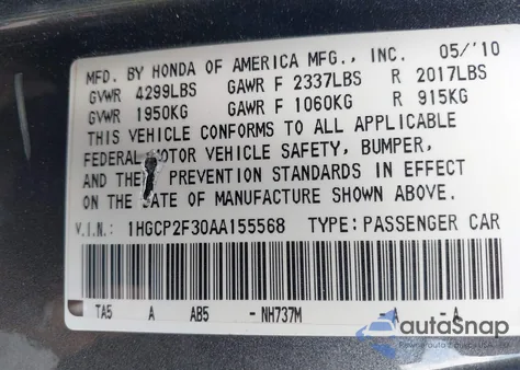 2010 Honda Accord 2.4 Lx from USA, damaged, VIN 1HGCP2F30AA155568